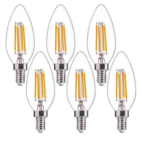 FLSNT 60W Equivalent LED Chandelier Light Bulbs, Dimmable, E12 Base, Clear B11 LED Filament Candelabra Bulbs, 2700K Soft White, 6 Pack