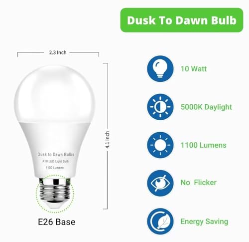 4-Pack Dusk to Dawn LED Bulbs – 10W 5000K Daylight, A19 E26 Outdoor Sensor