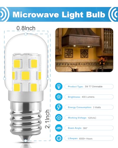 LED Microwave Light Bulb Under Hood 40W Equivalent-125V E17 Base for Whirlpool Microwave Light Bulb - 3W 400LM Dimmable Range Hood T7 Appliance Oven Light Bulbs, 2 Packs (2700K Warm White)