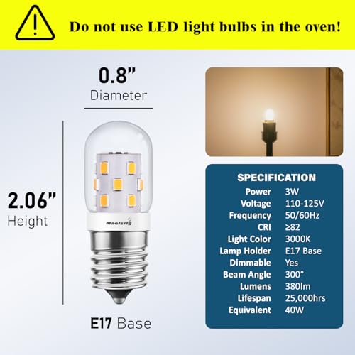 LED Microwave Light Bulbs Under Hood 40W Equivalent, E17 LED Bulb Dimmable for Range Hood, 3W 380 Lumens, LED Appliance Light Bulb Over Stove, Warm White 3000K, 2 Pack
