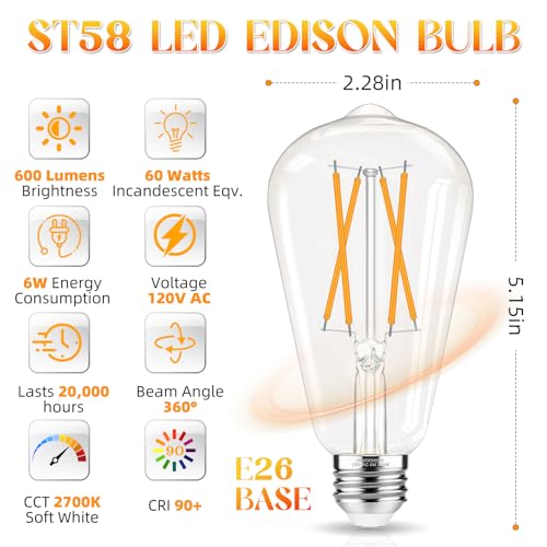 Edison Bulbs, E26 LED Bulb 60 watt Equivalent, Non-Dimmable, Soft White 2700K, ST58 Vintage Light Bulbs, 90+ CRI, 6W 600LM, E26 Medium Base, Clear Glass, 12 Pack