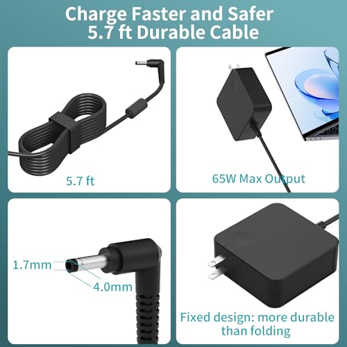 Charger for Lenovo Laptop IdeaPad 1/3/5 Slim 3/3i Flex 5 (14 15 16 Inch) V14 V15 V17 S145 S340 S540 320 320S 330 330S Lengthened Power Cord Round Tip AC Adapter 65W 45W