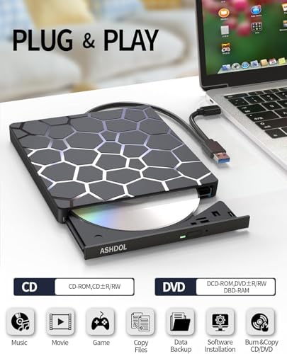 External CD DVD Drive,8 in 1 USB 3.0 and Type-C Disc Reader Writer Burner Player,Slim and Portable CD DVD +/-RW Optical Drive for PC Laptop Desktop MacBook Mac Windows Linux OS Apple (8 in 1)