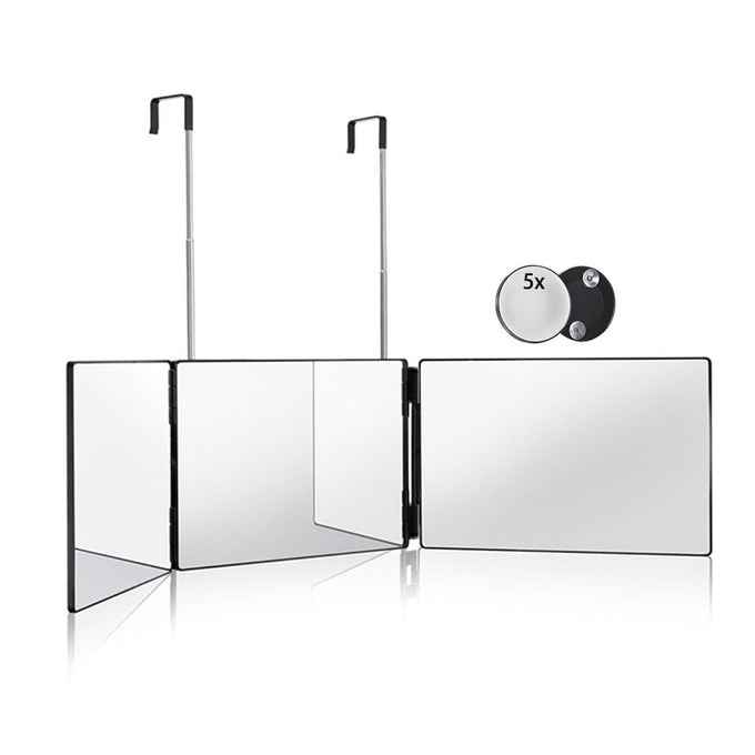HIEEY 3 Way Mirror for Hair Cutting,360 Trifold Mirror with Height Adjustable Telescoping Hooks,and 5X Magnification,for Makeup, Hair Styling