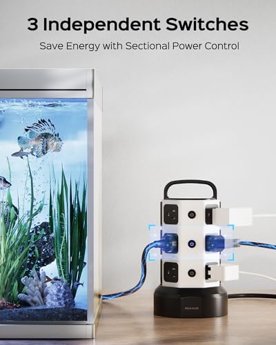 Power Strip Tower JACKYLED Surge Protector Electric Charging Station with 13A 12 Outlets 6 USB Ports Heavy Duty Extension Cord for Home Office Computer Nightstand Laptop Phone White Black
