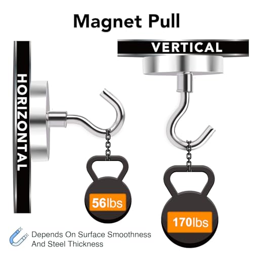 MIKEDE Magnetic Hooks Heavy Duty, 170Lbs+ Super Strong Magnet Hooks for Cruise Essentials, Neodymium Earth Magnets with Hook for Hanging, Magnetic Hanger for Fridge, Toolbox, Storage - 4 Pack