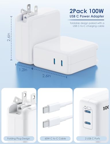Essri MacBook Pro Charger,100W USB C Charger 2Pack with Foldable Plug,Dual 65W Ports Fast Charging for MacBook Pro Air,iPad Pro,iPhone 17/16/15,Includes 6FT+10FT USB C to C Cables - White