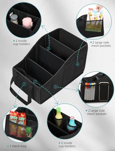 YOHOOLYO Car Seat Organizer Backseat Car Organizer with 4 Compartments, 4 Cup Holders and 7 Mesh Pockets for Front and Rear Seat, Black