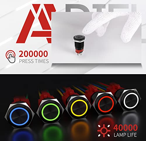 APIELE 16mm Latching Push Button Switch 12V DC On Off Black Shell with LED Angel Eye Head for 0.63" Mounting Hole with Wire Socket Plug Self-Locking (Blue/Black Shell)