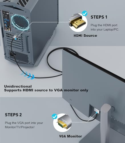 HDMI to VGA Adapter Cable 6FT [Metal Case, Nylon Cable] 1080P@60Hz HDMI Male to VGA Male Uni-Directional Braided Cord for Computer, Laptop, Monitor, Roku, Xbox, Graphics Card More