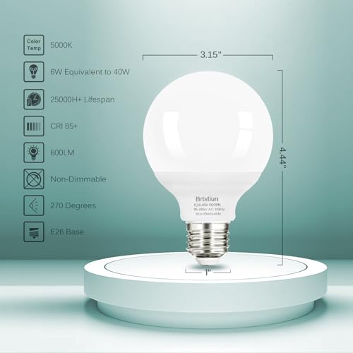 G25 LED Light Bulb, Round Vanity Light Bulbs for Bathroom, 40W LED Equivalent, Daylight White 5000K, Globe Light Bulbs E26 Base, 600LM, Non-Dimmable, 4-Pack