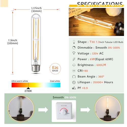 Tubular Light Bulb 7.3 Inch Dimmable T10 LED Bulb E26 6W 60 Watts Edison Bulbs 2700K Solf White,185mm Long for Wall Sconces, Pendant, Livingroom, 4-Pack