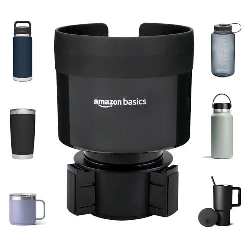 Basics Car Cup Holder Expander with Adjustable Base, Securely Holds Large Bottles 3.4 to 3.8 in Diameter, Compatible with Yeti, Hydro Flask, Easy Installation, Black