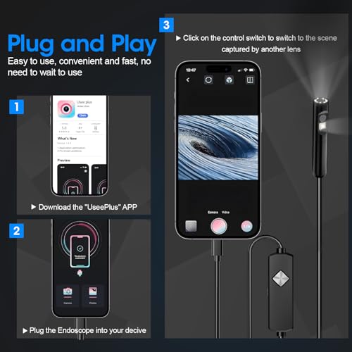 Endoscope with Light, 1920P HD Borescope with 8 Adjustable LED Lights, 16.4FT Semi-Rigid Snake Camera, IP67 Waterproof Inspection Tool for iPhone & Android - Dual Lens (Black)