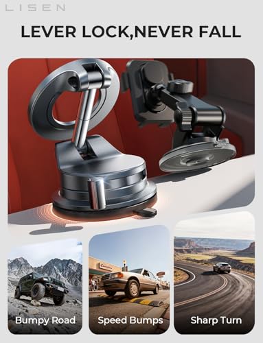 LISEN for Magsafe Car Mount, Cell Phone Holders for Your Car, Magnetic Car Accessories for Women Men Interior Jeep Truck, Vacuum Gifts Kits, for iPhone 17 Pro Max 16 15 14 13 12, Samsung S25，Black