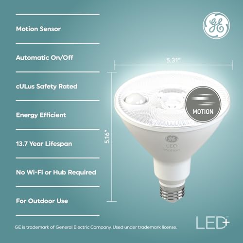 GE LED+ Motion Sensor LED Light Bulbs, 15W, PAR38 Outdoor Security Floodlight, Warm White (2 Pack)