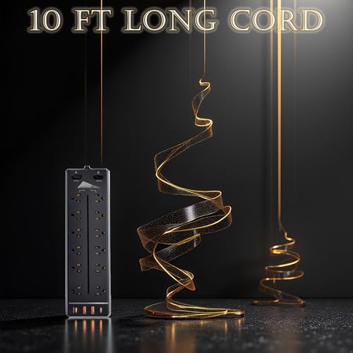 Surge Protector Power Strip/Heavy Duty 10ft Extension Cord with Multiple outlets/High Joules Protection (4800J)/18AC/1875W/15A/Usb A+C(PD20W),Flat Plug,Commercial,Industrial,Office,Home,Black