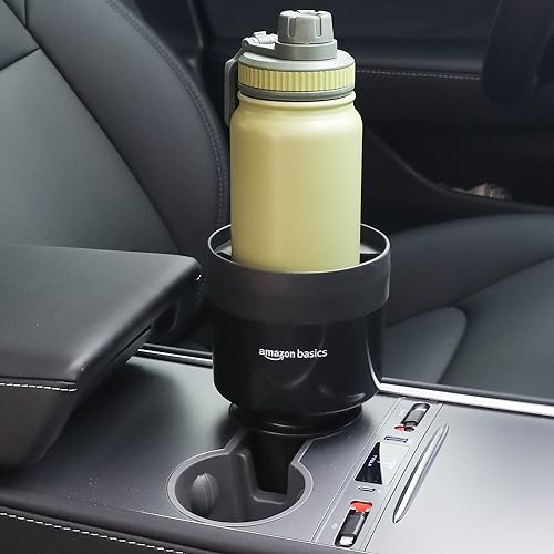 Basics Car Cup Holder Expander with Adjustable Base, Securely Holds Large Bottles 3.4 to 3.8 in Diameter, Compatible with Yeti, Hydro Flask, Easy Installation, Black