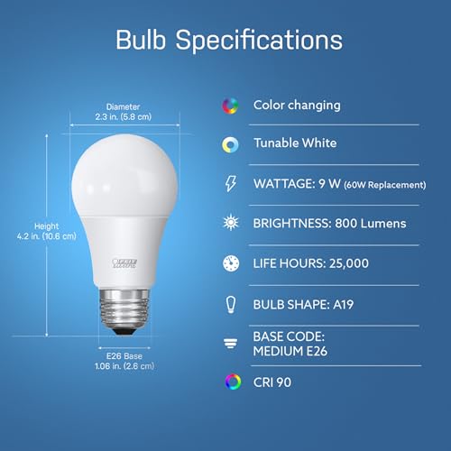 Feit Electric OM60/RGBW/CA/AG/3 60 Watt Equivalent WiFi Color Changing and Tunable White, Dimmable, No Hub Required, Alexa or Google Assistant A19 LED Smart Light Bulb, 3-Pack, Rgbw Multicolor, 60W