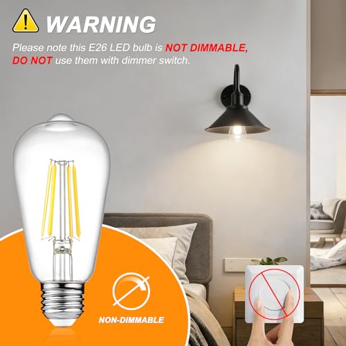 Ascher Vintage LED Edison Bulbs, 6W, Equivalent 60W, Non-Dimmable, High Brightness Cool White 4000K, ST58 Antique LED Filament Bulbs with 80+ CRI, E26 Medium Base, Clear Glass, Pack of 6