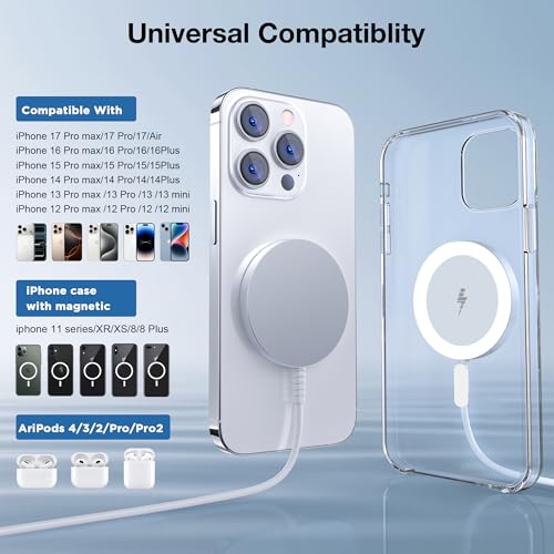 for MagSafe Charger: Magnetic Wireless Charging Pad for iPhone 17 16 15 14 13 12 Series & AirPods 4-2 Pro, Strong Magnet, Aluminum Alloy, USB-C/A Ports, Ultra-Thin & Portable, Ideal for Desk & Bedside