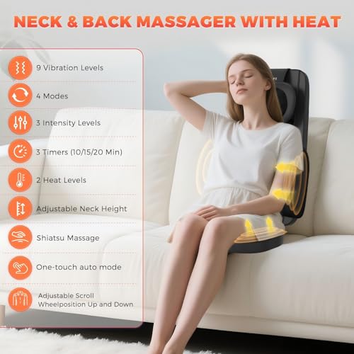 belhope Shiatsu Neck and Back Massager with Heat, 4D Kneading Back Massager for Pain Relief Deep Tissue, Comfortable Back Massage for Chair, Massage Mat for Home, Valentines Day Gifts for Men Women