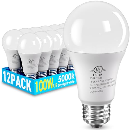 12 Pack LED Light Bulbs 100 Watt Equivalent, A19 15W 5000K Daylight, Super Bright White Light 1500 Lumens, E26 Standard No Flicker Energy Saving Lamp Bulb for Home, Bedroom, Office, Non-Dimmable