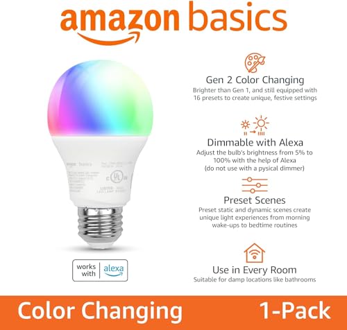 Basics Smart A19 LED Light Bulb, Color Changing, 9W (60W Equivalent), 800LM, Works with Alexa Only, WiFi 2.4 GHz, No Hub Required, Mood Lighting, Energy Efficient, 1-Pack