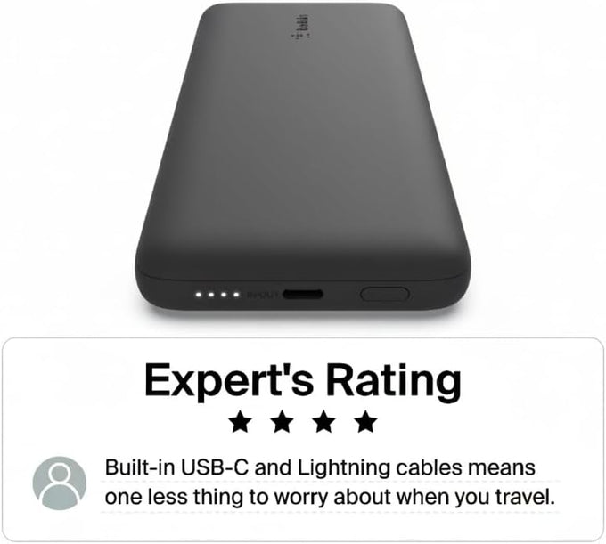 Belkin Portable Charger Power Bank for iPhone/Android - 10,000mAh, 23W Battery Pack for Phone with Integrated USB-C, Lightning Cables - Pass-Through Capability, Charge 2 Devices at Once
