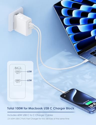 Essri MacBook Pro Charger,100W USB C Charger 2Pack with Foldable Plug,Dual 65W Ports Fast Charging for MacBook Pro Air,iPad Pro,iPhone 17/16/15,Includes 6FT+10FT USB C to C Cables - White