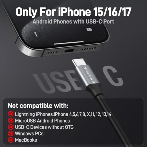 USB C Endoscope Camera with Light, Teslong Type-C Snake Borescope Camera with 8 LED Lights, 10FT Flexible Waterproof Inspection Cam, Fiber Optic Scope Compatible with iPhone 15/16/17, Android Phone