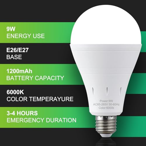 DEBAOBULB6 Pack Rechargeable Emergency Light Bulbs, Battery Powered LED Light Bulb 6000K Daylight E26 120 Volt 9W 60W Equivalent with 1200mAh for Home Power Outage Camping Hurricane