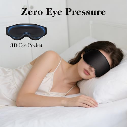 3D Eye Mask Sleep Mask for Men & Women, 100% Pressure-Free & Light Block-Out Eye Mask for Sleep with Easy Adjustable Strap, Night Eye Cover for Travel, Black