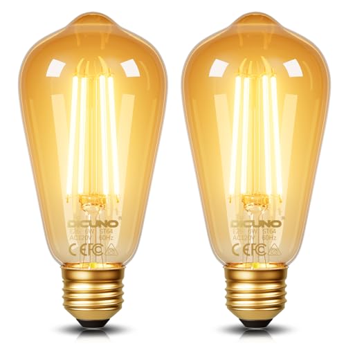 DiCUNO E26 Edison Bulbs 60W, 2200K Amber Warm, 6W LED Edison Bulb ST64, Amber Glass, Vintage LED Light for Home, 600LM, Non-Dimmable, CRI 80, Pack of 2