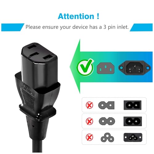 Standard 5ft (1.5m) 10 Amps 250 Volts Black 3 Prong AC Power Cord Cable for Electronics, TV, Computer, Printer, Radio, Monitor, Samsung, Dell, Vizio, LG, Asus, Laptop and More