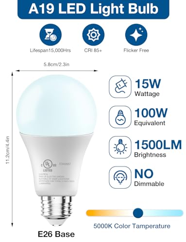 DAYBETTER LED Light Bulbs, A19 5000K Daylight Light Bulbs 100 Watt Equivalent, 1500LM Bright White Light Bulbs, E26 Standard Base, Non-Dimmable, 15 Watt Lightbulbs for Home Office, 12 Pack