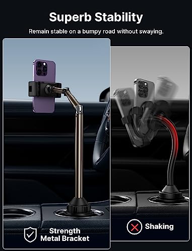JSAUX Car Cup Holder Cellphone Mount, Metal Long-Arm Ultra Stable Phone Holder for Car Cupholders - Adjustable for iPhone 16 15 Pro Max 13 12 11, Samsung Galaxy S24 S23 Ultra, Google Pixel 9 Pro