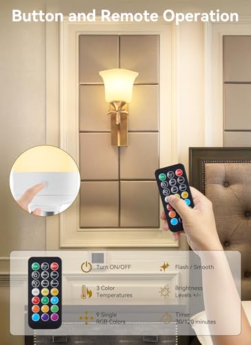 Minetom E26 Rechargeable Light Bulbs with Remote and Timer, Battery Backup Bulb with 12 Colors and Brightness Dimmable, 2300mAh 40W Equivalent LED Light Bulbs for Lamps Sconces Camping, 2 Pack