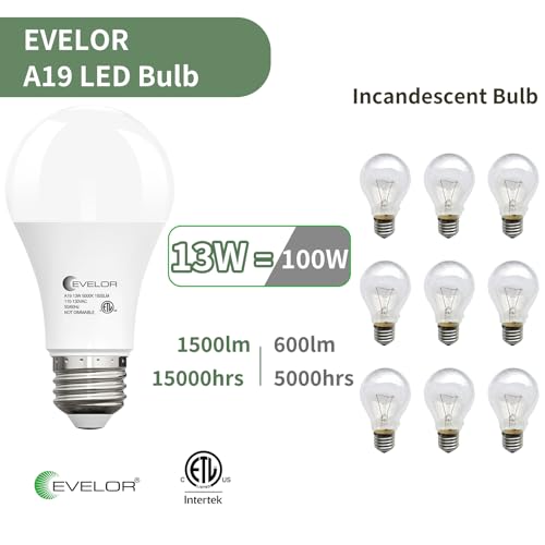 6-Packs A19 LED Light Bulbs,100 Watt Equivalent Daylight 5000K Bright Bulbs Efficient 13W,1500 Lumens E26 Base, Non-Dimmable, 15000-Hour Lifespan for Bedroom, Living Room, Office