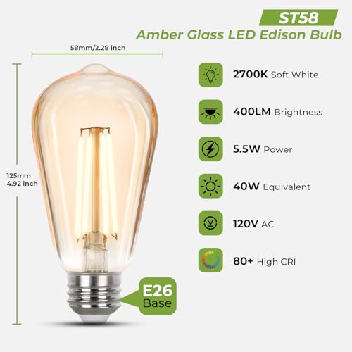 Sigalux LED Edison Bulbs 40 watt Equivalent, E26 Light Bulb Dimmable, Soft White 2700K, Amber Glass ST58 Vintage LED Bulbs, 90+ CRI, 4.5W 400LM, E26 Base, 4 Pack