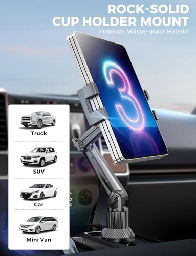 eSamcore Cup Holder Tablet Mount for Truck, Car Tablet Holder with Adjustable 15" Height 360° Rotation Stand, 0.9" Depth Clamp Fit for iPad Air/Pro/Mini 4.7"-12.9" Foldable Phone iPhone