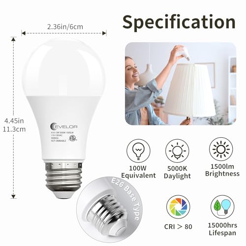 6-Packs A19 LED Light Bulbs,100 Watt Equivalent Daylight 5000K Bright Bulbs Efficient 13W,1500 Lumens E26 Base, Non-Dimmable, 15000-Hour Lifespan for Bedroom, Living Room, Office