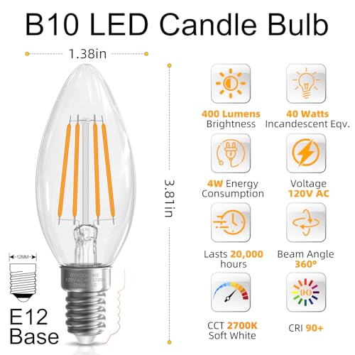 E12 Candelabra Bulb 40 watt Equivalent, E12 LED Bulb Dimmable Chandelier Light Bulbs, B10 Candle Light Bulbs 2700K Soft White, 90+CRI, 400LM, Clear Glass, 12 Pack