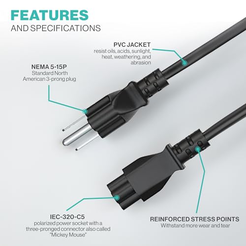 5FT 3 Prong AC Power Cord – Universal Laptop Cable NEMA 5-15P to C5 for Dell, HP, Lenovo, Asus, Acer, Toshiba, Sony