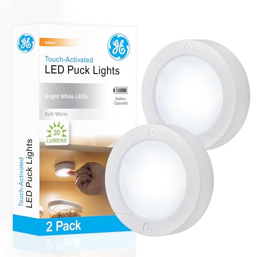 GE Wireless LED Tap-Lights, Battery Operated, 20 Lumens, Touch-Activated Puck Lights, Stick-On for Under Cabinet, Kitchen, Closet, or Garage, 2-Pack 25434