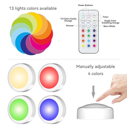 Puck Lights with Remote Control, Battery Operated LED Push Light Wireless, 13 Color RGB - for Closet, Bedroom Wall, Under Cabinet, Battery Powered Puck Lights. Convenient 3M Stick On, 6 Pack