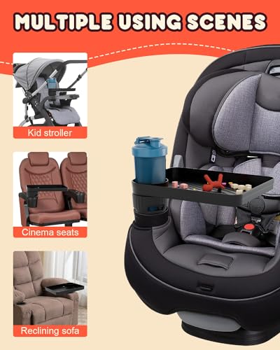 SEVEN SPARTA Car Seat Tray for Kids Toddler Travel with Soft Rubber Base, Rotatable and Removable Cup Holder Snack Tray for Food Color and Play for Family Road Trip Essentials (1, Standard Base)