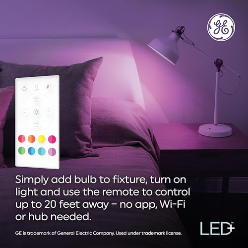 GE LED+ Color Changing LED Light Bulbs with Remote, No App or Wi-Fi Required, A19 Standard Bulbs (2 Pack)