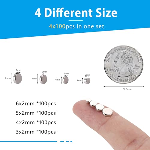 RHINOCATS 400Pcs Small Magnets, 4 Different Sizes Tiny Mini Magents, Multi-Use for Fridge, DIY, Office, Hobbies, Crafts and Science