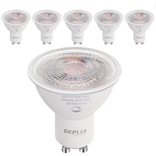 GEPLAD 6-Pack GU10 LED Bulb Dimmable, 3000K Soft White GU10 Bulb Replacement for Track Lighting, 582LM, 6W(50W Equivalent) LED Light Bulb for Kitchen, Range Hood, Living Room, Bedroom